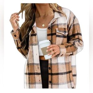 Automet women’s flannel plaid button down long sleeve shirt in apricot  XS